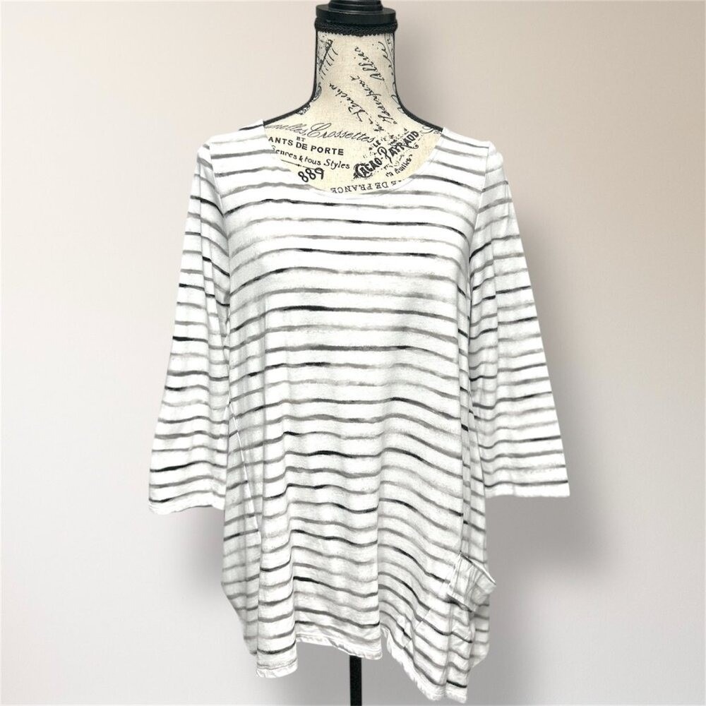 Pure Jill S White Black Striped Tunic Top 3/4 Sleeve Relaxed Fit Pocket Travel